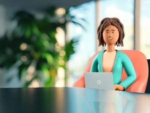 A picture of an Innovation Delivery System C character on a laptop device.