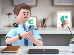 A picture of an Innovation Delivery System C cartoon character on a mobile device in an office setting.