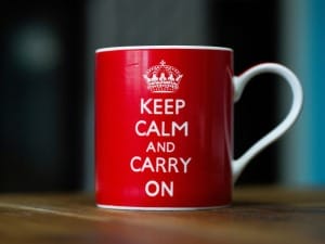 A picture of a mug that reads "keep calm and carry on".
