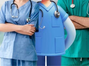 A picture of 2 healthcare workers with their arms crossed in blue and green scrubs stood next to a System C character.
