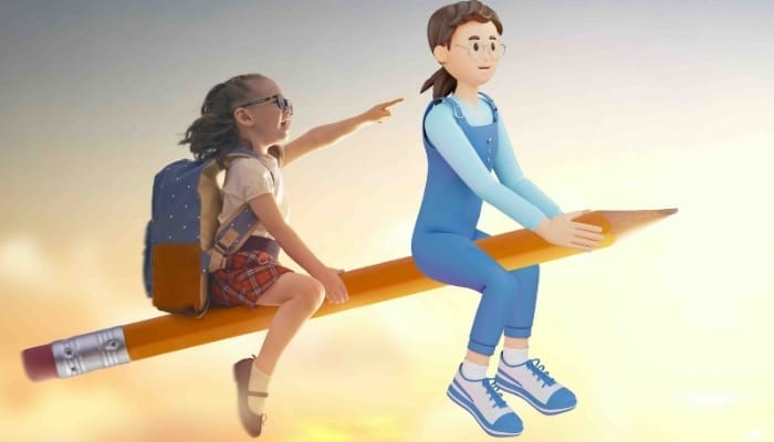 A picture of a System C children's social care character flying on a pencil with a child.