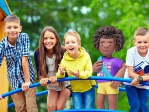 a picture of 4 children stood on a climbing frame with a System C child character.