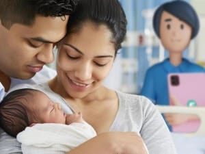 A picture of a male and female parent embracing a new born baby with a System C healthcare character on an iPad, in the background.