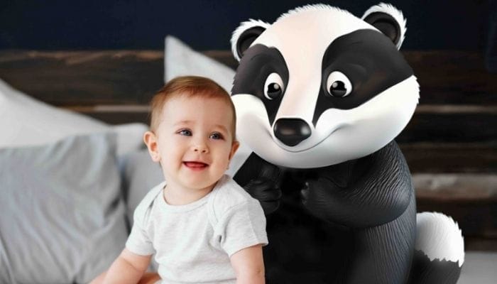 A picture of the BadgerNet Badger with a smiling new born baby.