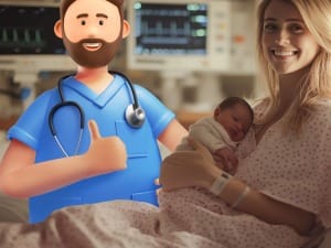A picture of a male maternity System C character next to a mother and new born baby.