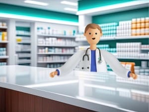 A System C pharmacy character standing behind a pharmacy counter.