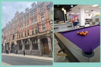 A picture of the outside and inside of the Leeds city centre System C office.