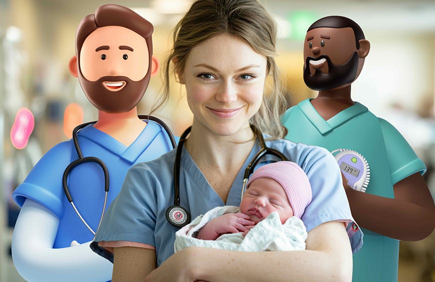 A female doctor holding a new-born baby with 2 System C healthcare characters in the background.