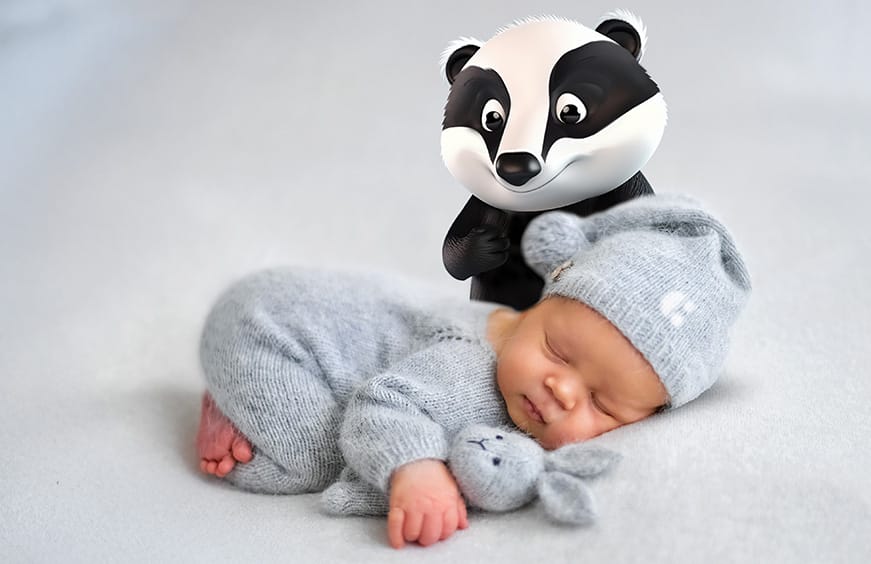 the BadgerNet badger character sat with a new-born baby.
