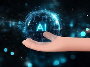 A picture of a cartoon hand holding a AI ball.
