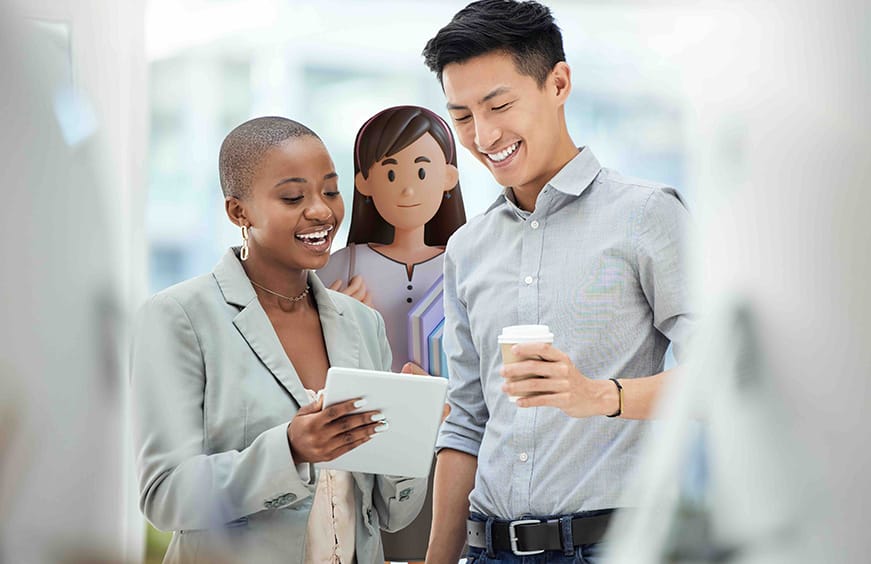 Two staff members with a tablet