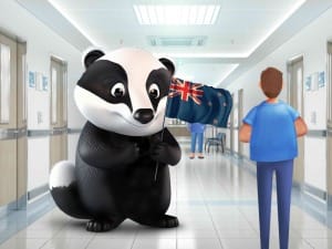 A Badger holding a New Zealand Flag in a Clinic